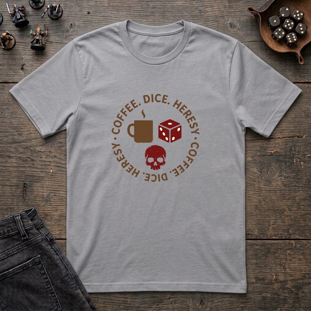 20261013211859-1f1c74bb-4a96-60c2-9b6a-2237ee0fc836.jpg Coffee, Dice & Heresy T-Shirt - Image 1