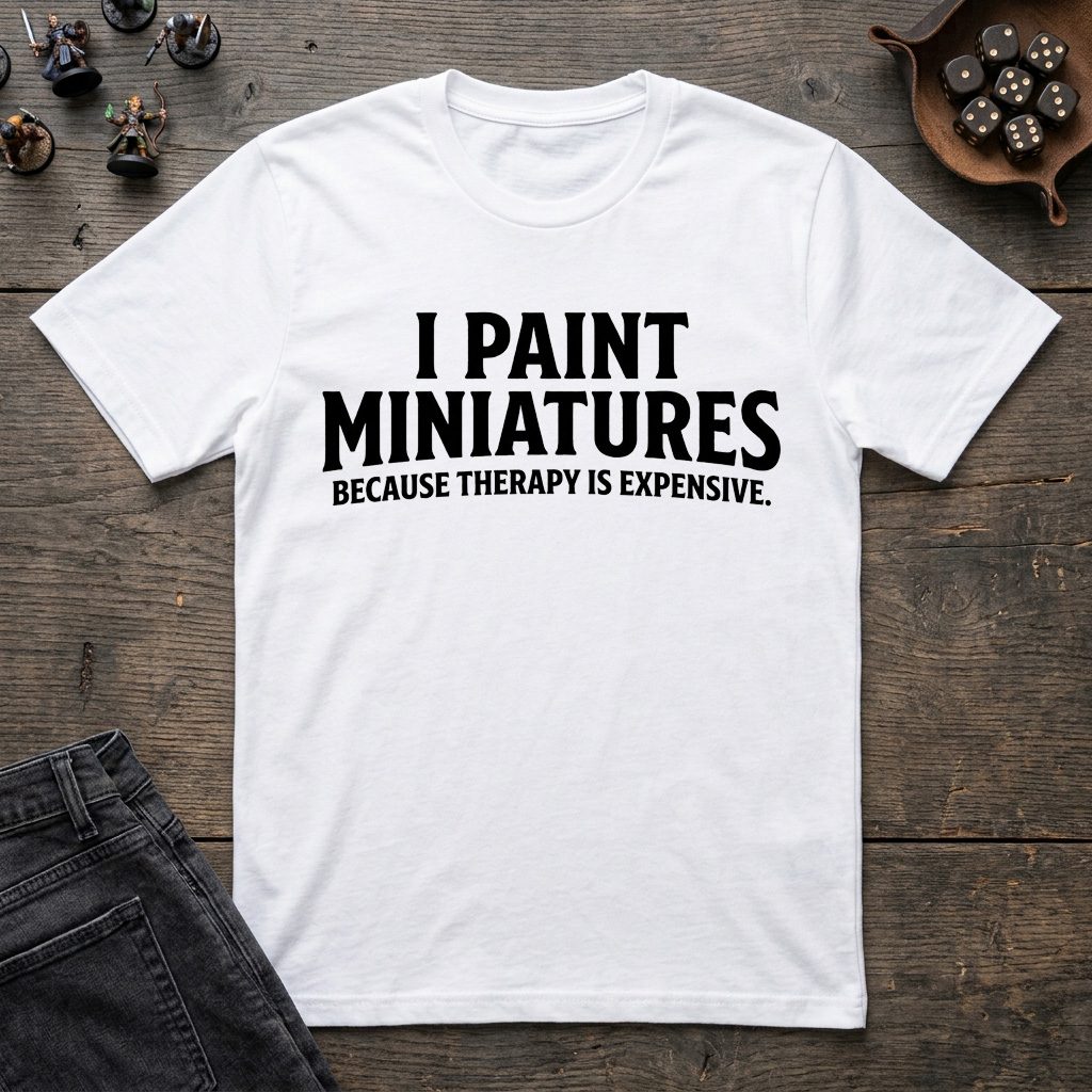 20261014213154-1f1c816a-d27a-675c-b1f9-d616ac630d25.jpg I Paint Miniatures Because Therapy Is Expensive T-Shirt - Image 1